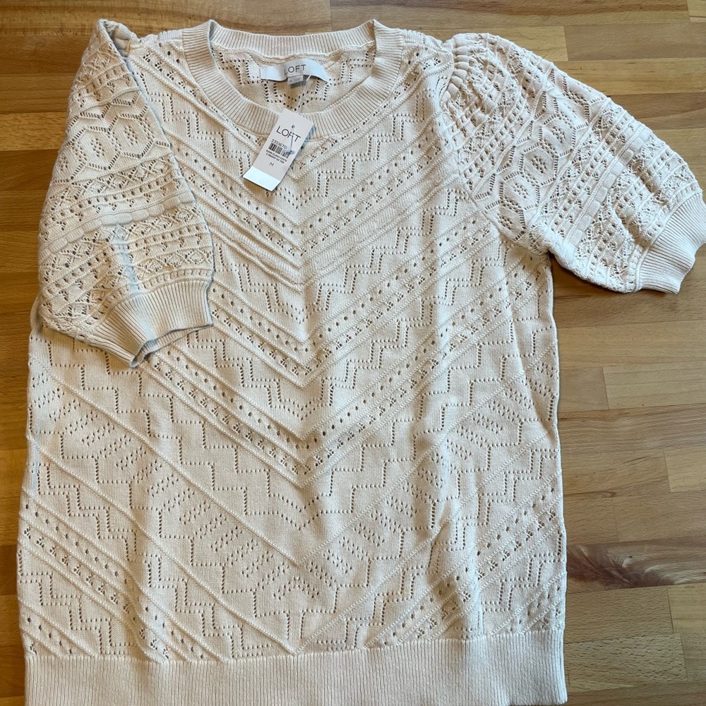 LOFT Cream Crew Neck Top with Intricate Knit Design